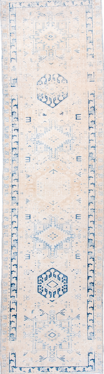 2' x 10' one-of-a-kind handmade vintage Karaje runner rug. Color palette: blue, floral white, gainsboro, ghost white, gray