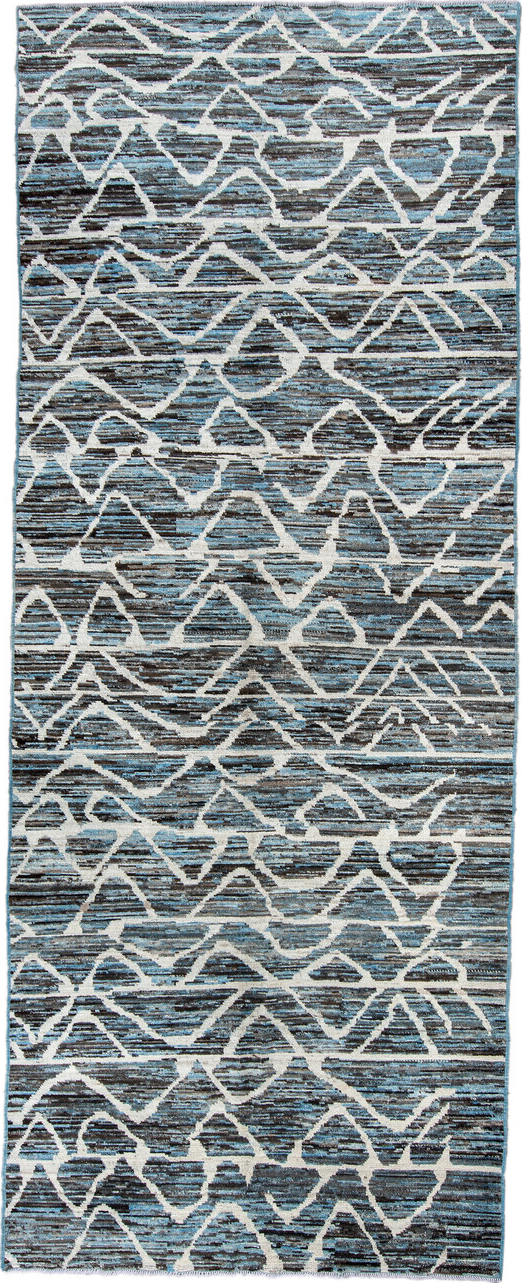 5' x 12' one-of-a-kind handmade vintage Tulu runner rug. Color palette: black, blue, charcoal, dark gray, dim gray