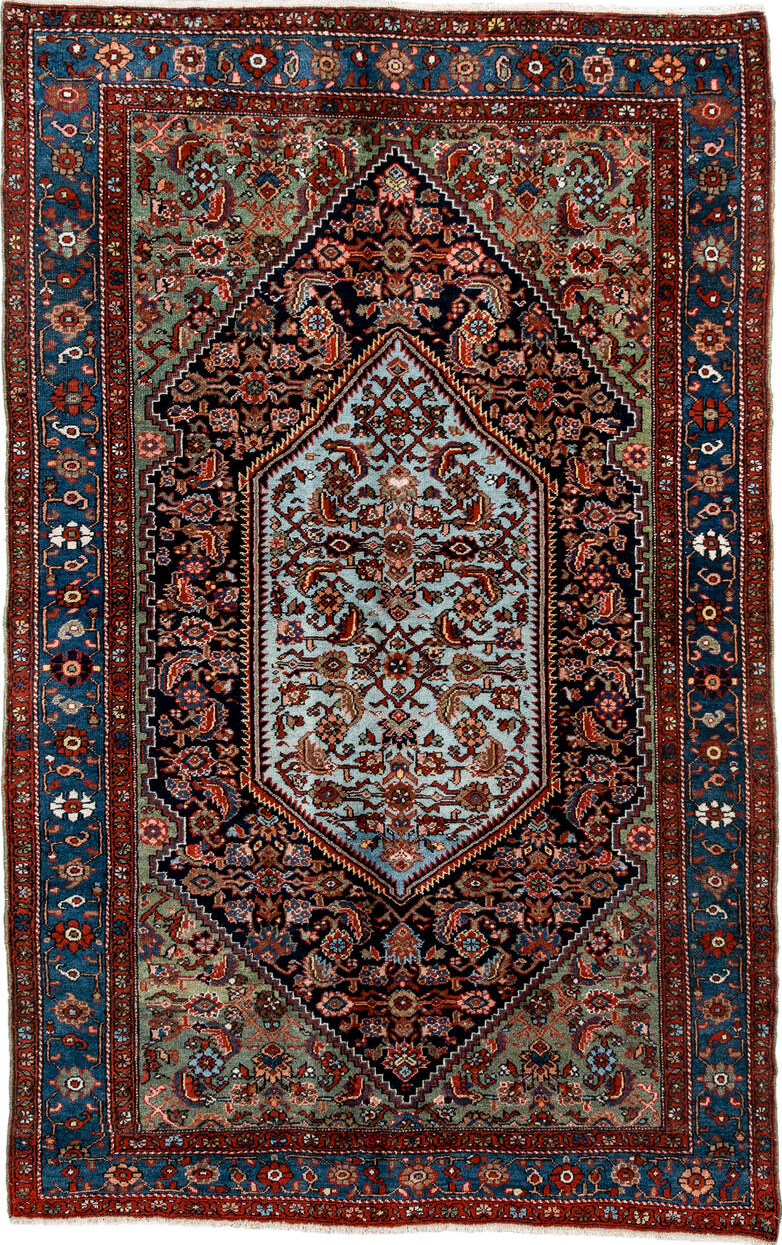 4' x 6' one-of-a-kind handmade vintage Sarouk small size rug. Color palette: arapawa, blue, brown, gray, light blue