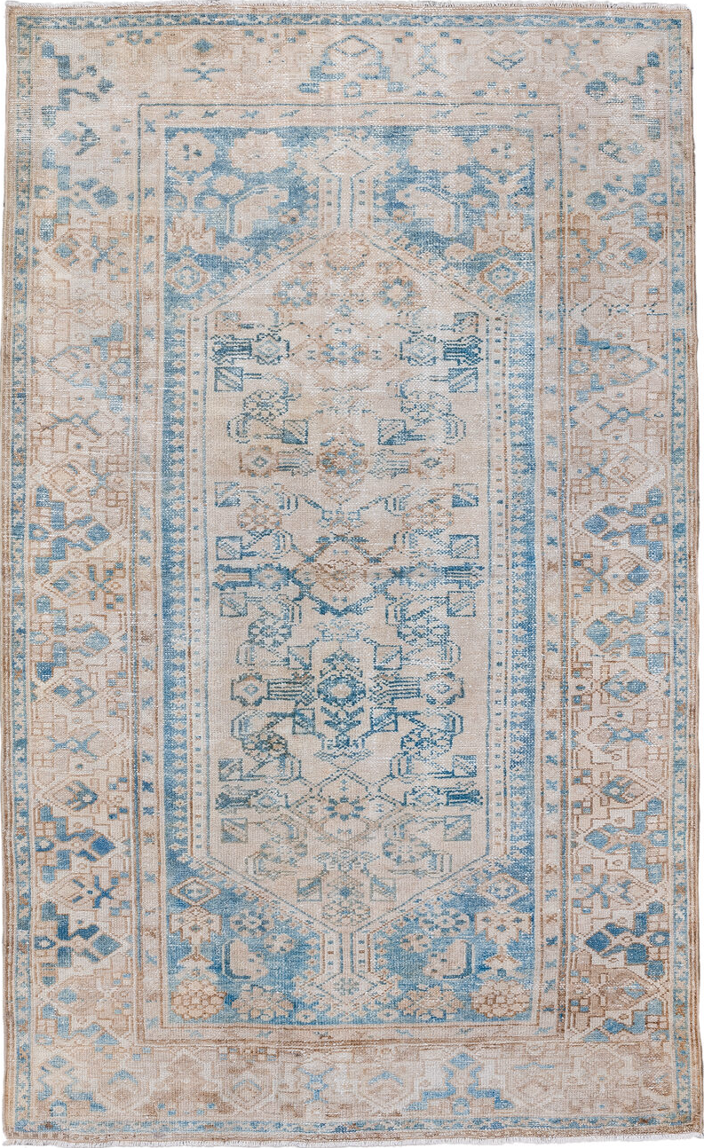 4' x 6' one-of-a-kind handmade vintage Hamadan small size rug. Color palette: blue, dark gray, dim gray, gray, light blue