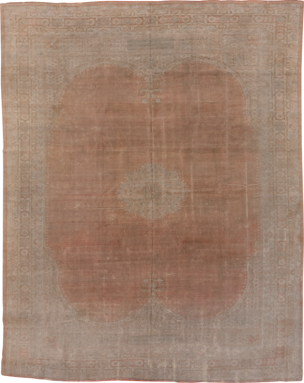 11' x 13' one-of-a-kind handmade vintage Oushak oversize rug. Color palette: brown, gray, pink