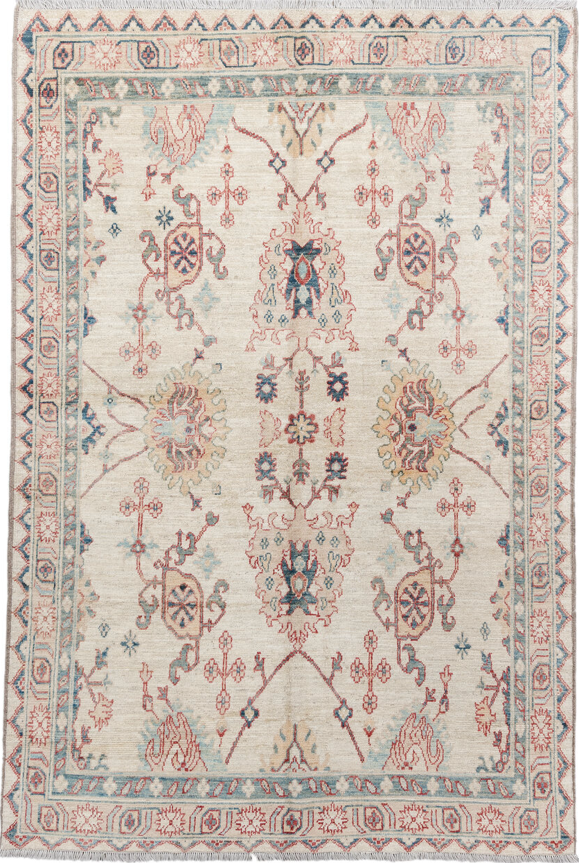 5' x 8' one-of-a-kind handmade vintage Oushak medium size rug. Color palette: gray, pink, brown, off-white, red, light gray