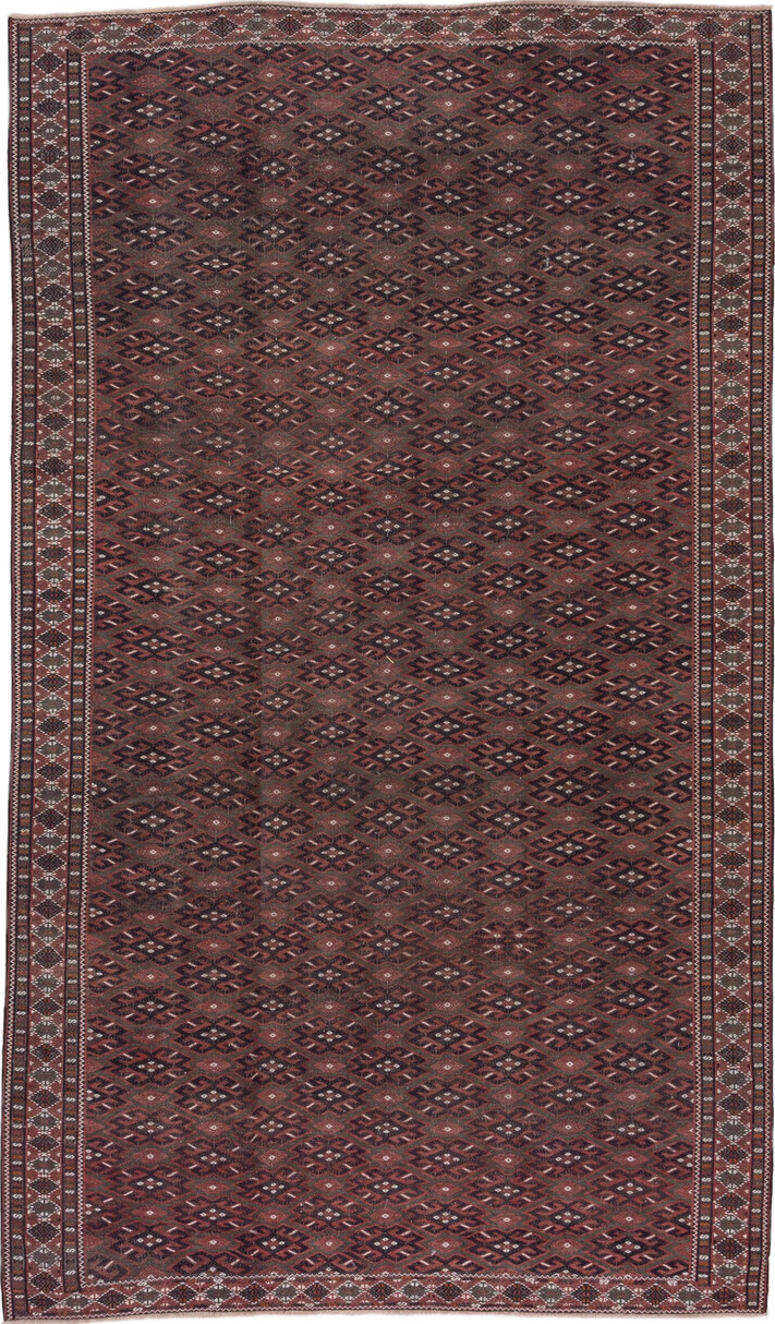 6' x 11' one-of-a-kind handmade vintage Kilim large size rug. Color palette: brown, gray, light gray, off-white, pink, red