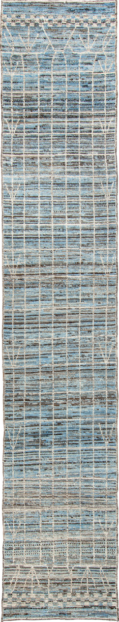 2' x 15' one-of-a-kind handmade vintage Tulu runner rug. Color palette: blue, dark gray, gainsboro, gray, light blue