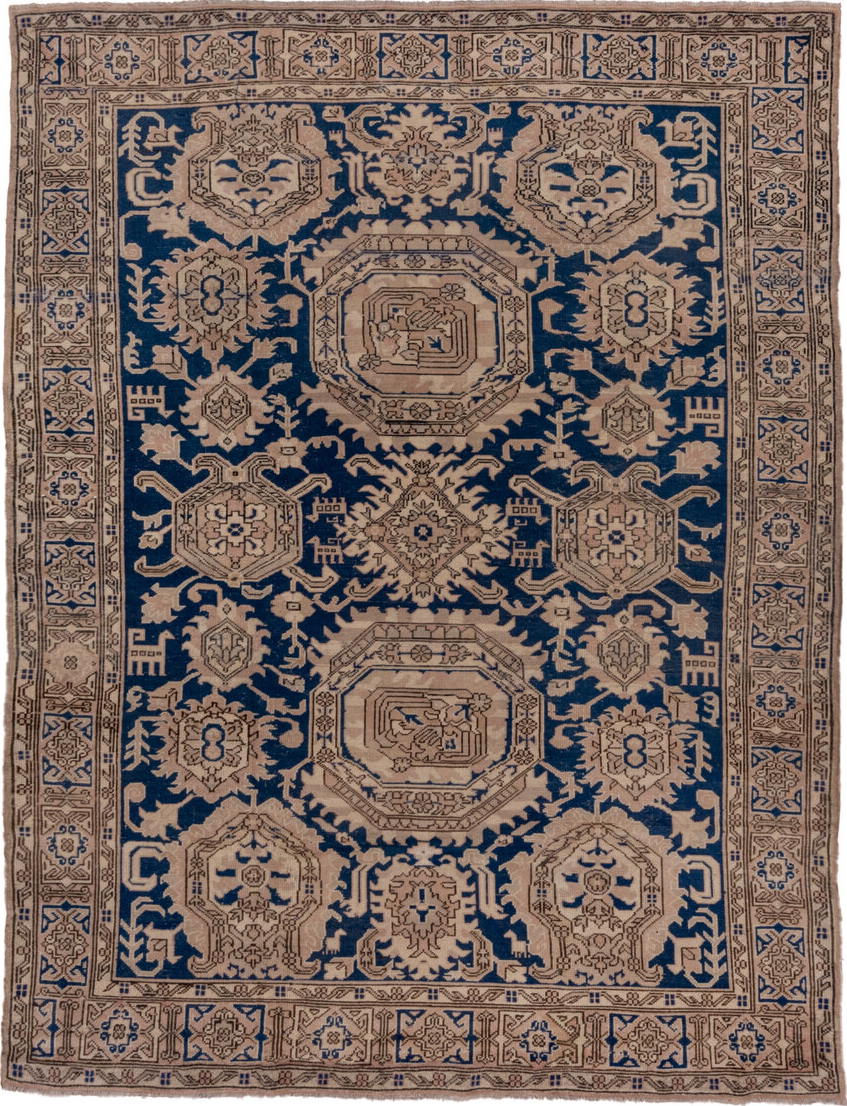 6' x 8' one-of-a-kind handmade vintage Oushak medium size rug. Color palette: blue, brown, gray, pink