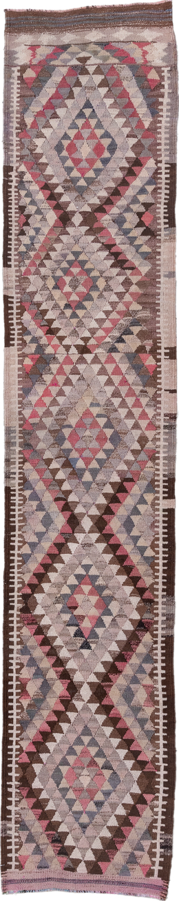 2' x 13' one-of-a-kind handmade vintage Kilim runner rug. Color palette: brown, dim gray, gray, light gray, off-white, pink