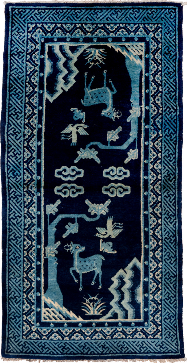 3' x 5' one-of-a-kind handmade vintage Chinese small size rug. Color palette: arapawa, blue, gray