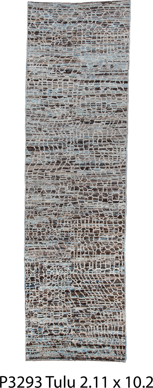 2' x 10' one-of-a-kind handmade vintage Tulu runner rug. Color palette: black, blue, brown, charcoal, dark gray, dim gray