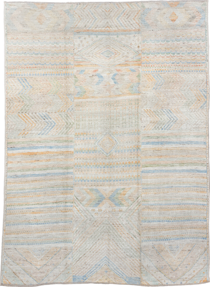 9' x 13' one-of-a-kind handmade vintage Tulu large size rug. Color palette: gray, light gray, off-white, brown, orange