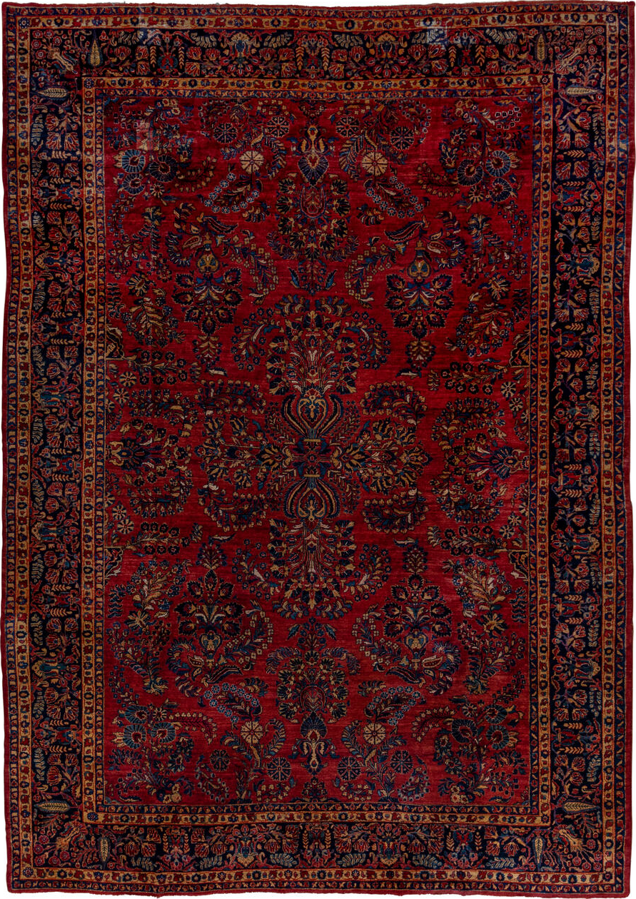 10' x 14' one-of-a-kind handmade vintage Sarouk large size rug. Color palette: black, blue, brown, charcoal, gray, pink, red