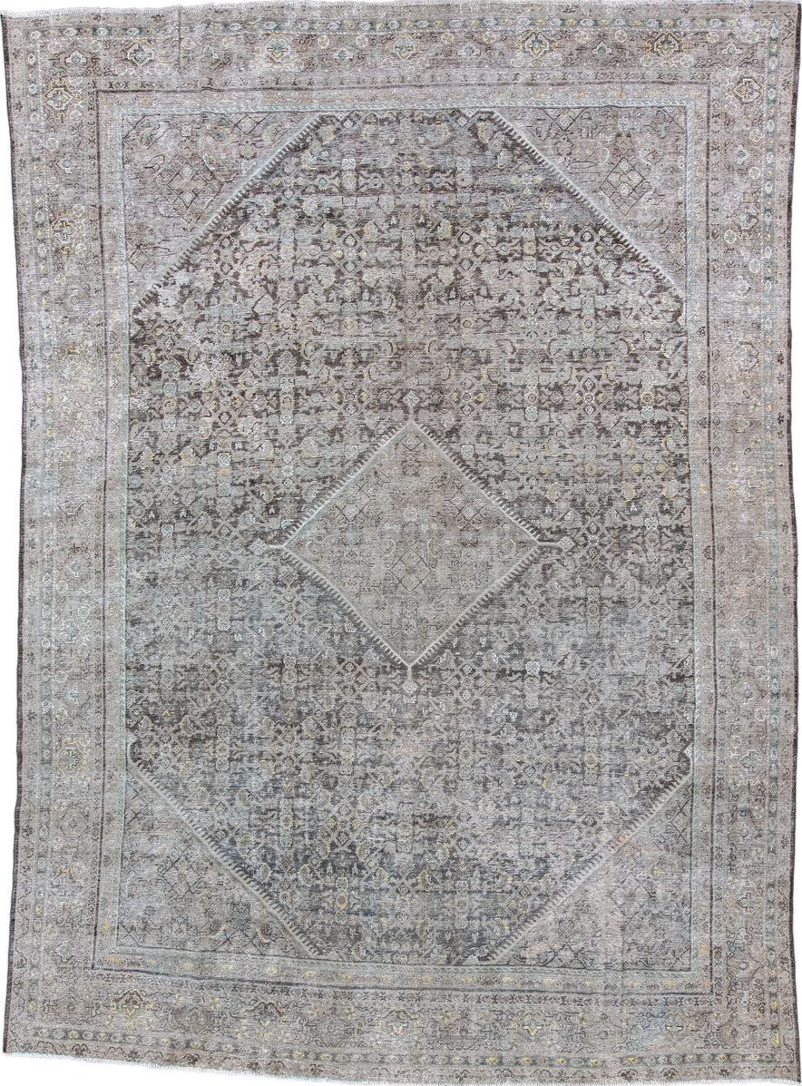 10' x 13' one-of-a-kind handmade vintage Mahal large size rug. Color palette: black, dark gray, dim gray, gainsboro, gray