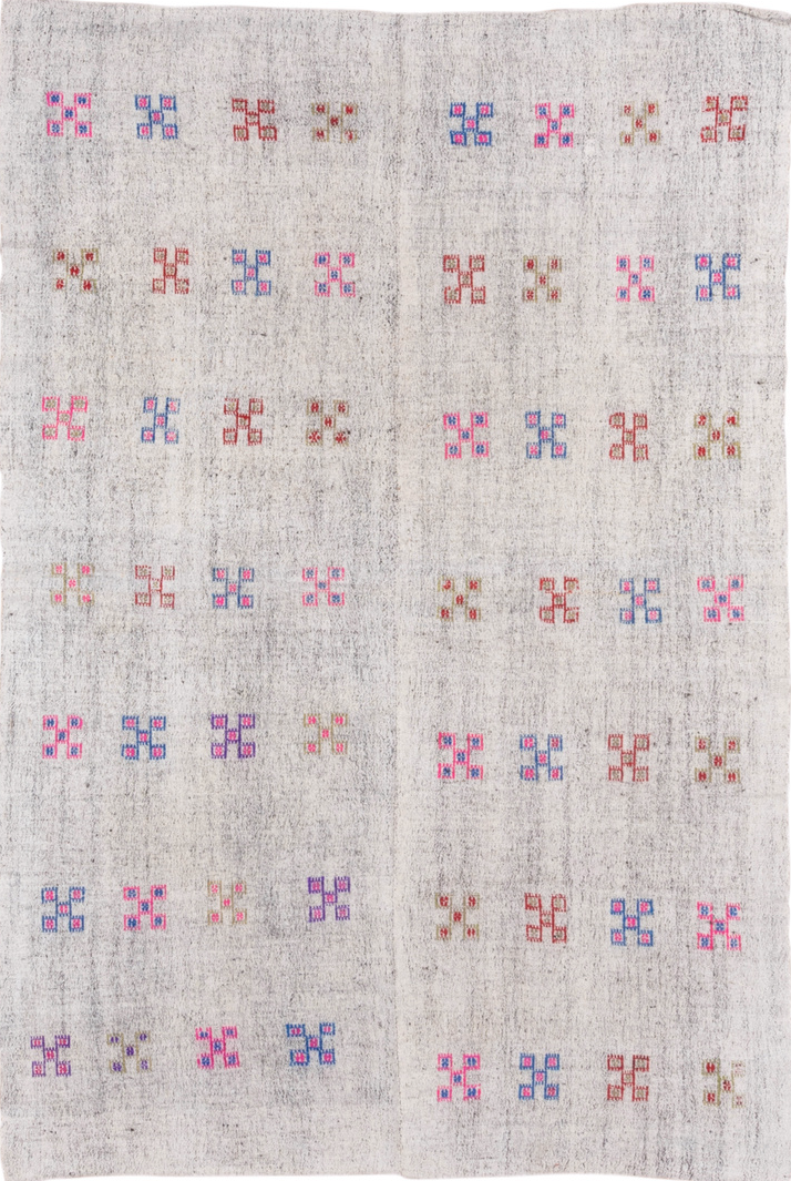 5' x 8' one-of-a-kind handmade vintage Flatweave medium size rug. Color palette: dark gray, gainsboro, gray, light gray