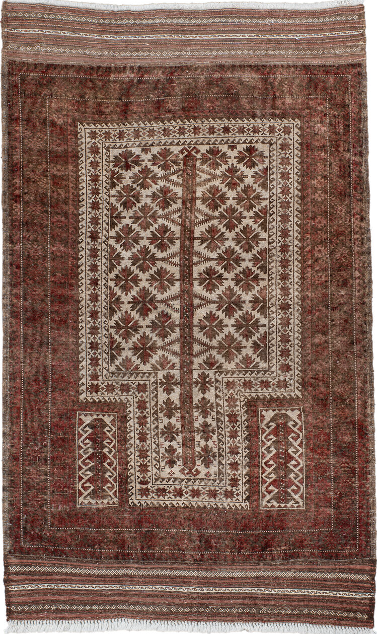 3' x 5' one-of-a-kind handmade vintage Belouch small size rug. Color palette: brown, gainsboro, gray, light gray, off-white