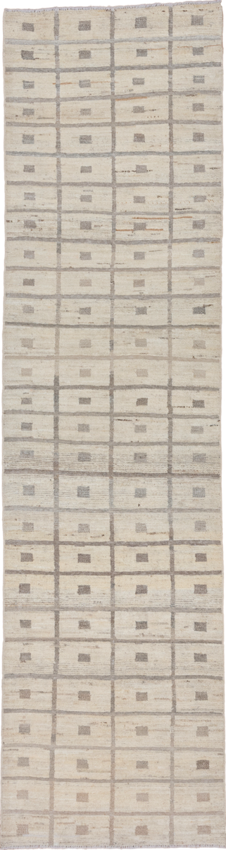 3' x 11' one-of-a-kind handmade vintage Tulu runner rug. Color palette: gray, light gray, off-white, pink, silver, snow