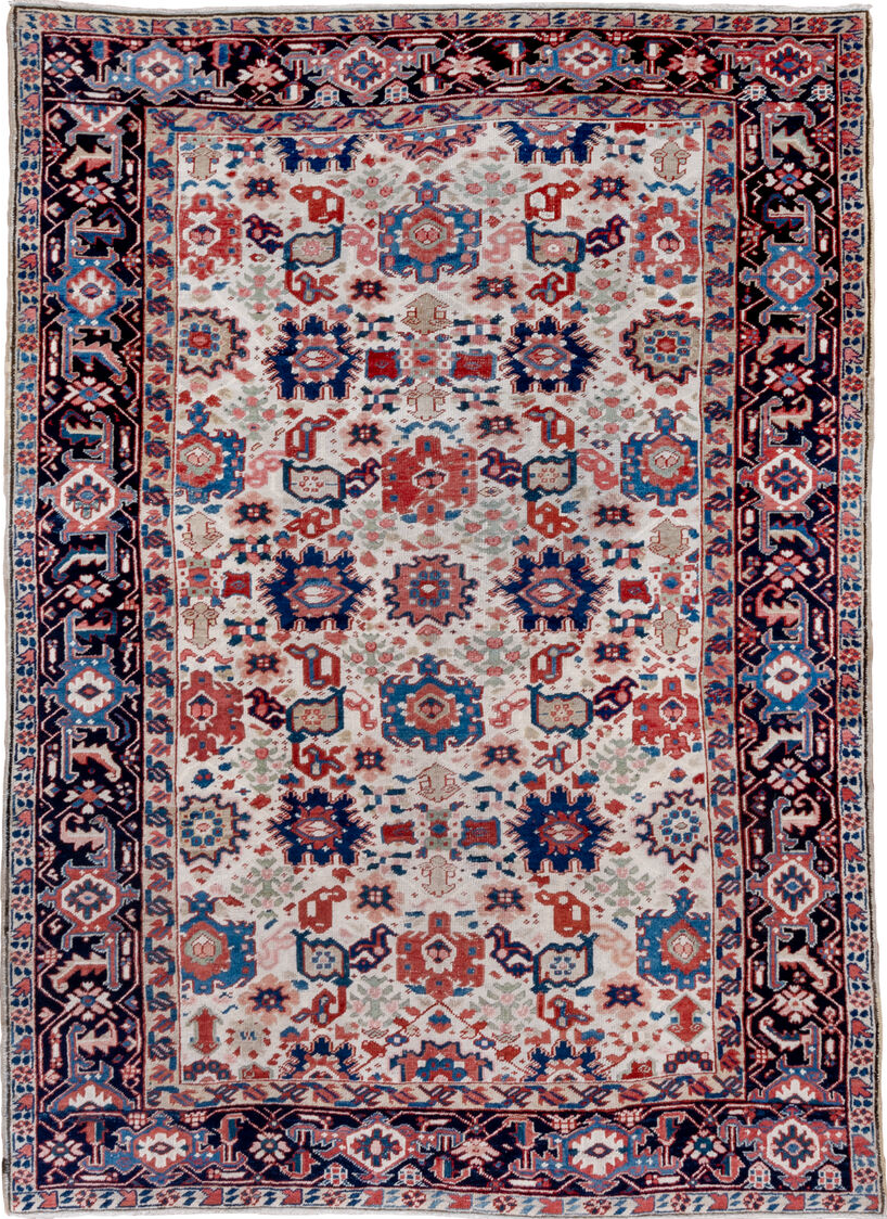 7' x 10' one-of-a-kind handmade vintage Heriz large size rug. Color palette: blue, brown, dark gray, fiord, gainsboro, gray
