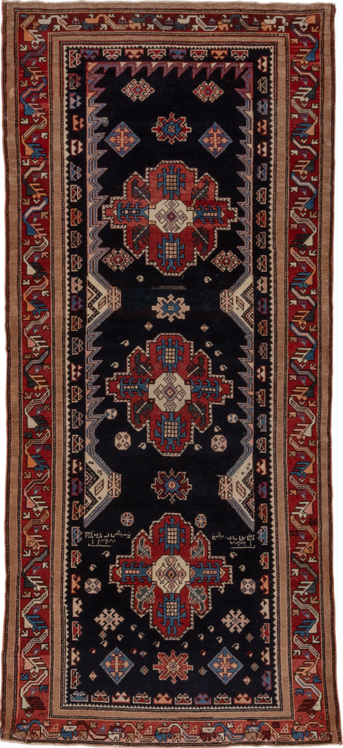 3' x 8' one-of-a-kind handmade vintage Malayer runner rug. Color palette: black, blue, brown, gray, pink, red