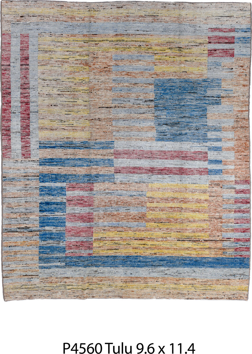 9' x 11' one-of-a-kind handmade vintage Tulu large size rug. Color palette: black, blue, brown, dim gray, gainsboro, gray