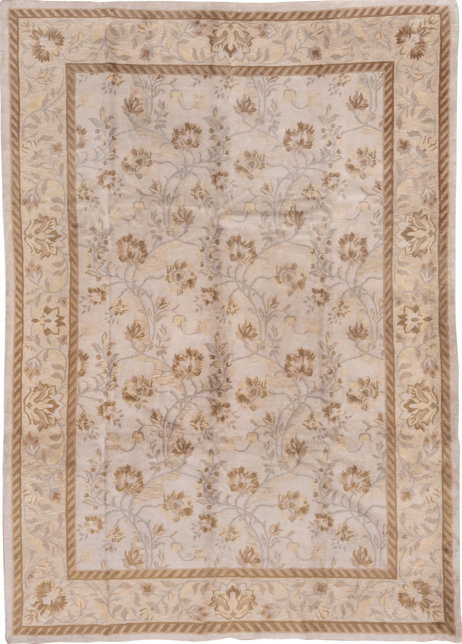 9' x 13' one-of-a-kind handmade vintage India large size rug. Color palette: brown, orange, off-white, pink, gray