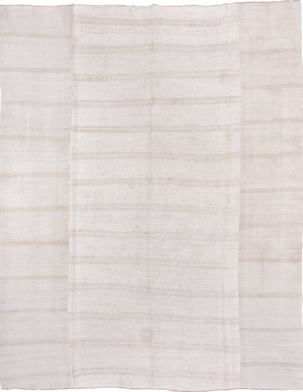 5' x 13' one-of-a-kind handmade vintage Hemp Kilim rug. Color palette: gainsboro, gray, light gray, linen, off-white, pink