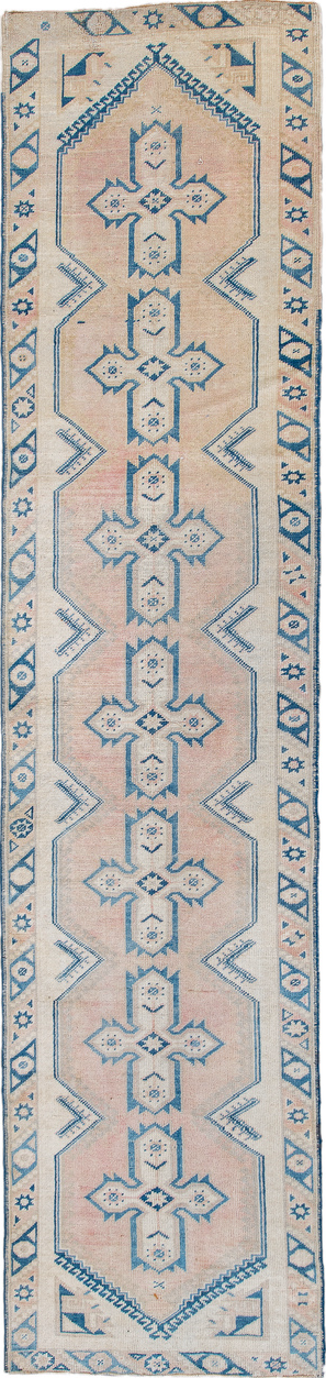 2' x 10' one-of-a-kind handmade vintage Oushak runner rug. Color palette: blue, gray, light blue, light gray, off-white