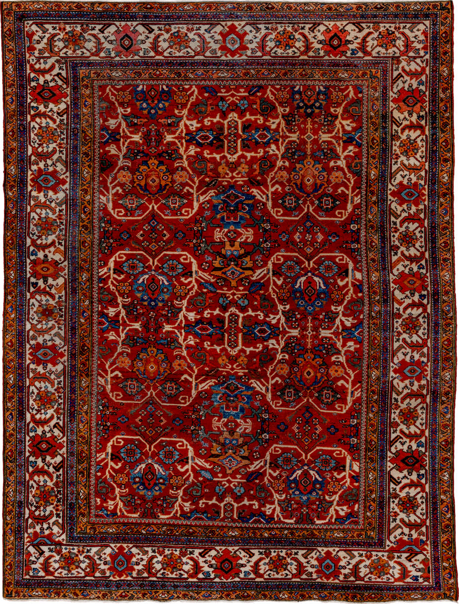 8' x 12' one-of-a-kind handmade vintage Mahal large size rug. Color palette: black, blue, brown, gray, light gray, off-white