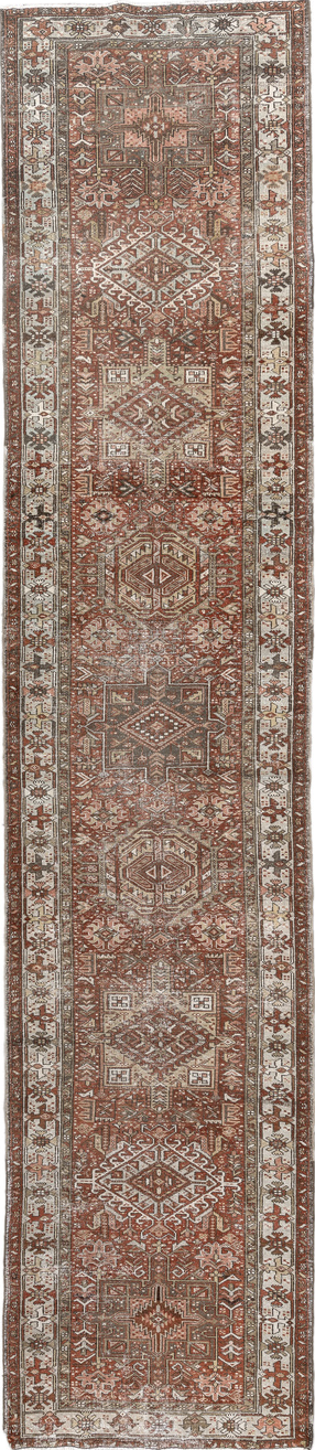 3' x 14' one-of-a-kind handmade vintage Karaje runner rug. Color palette: brown, gray, light gray, linen, off-white, pink