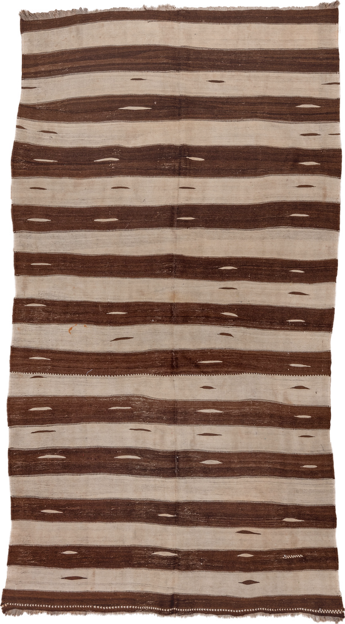 4' x 7' one-of-a-kind handmade vintage Blanket rug. Color palette: brown, gray, light gray, off-white, pink, redwood