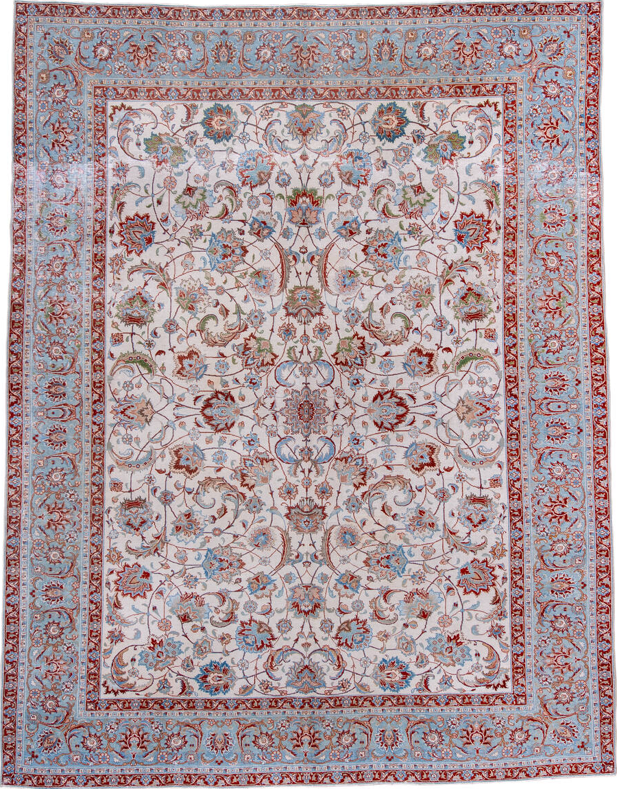 9' x 12' one-of-a-kind handmade vintage  large size rug. Color palette: blue, brown, gainsboro, gray, light gray, off-white