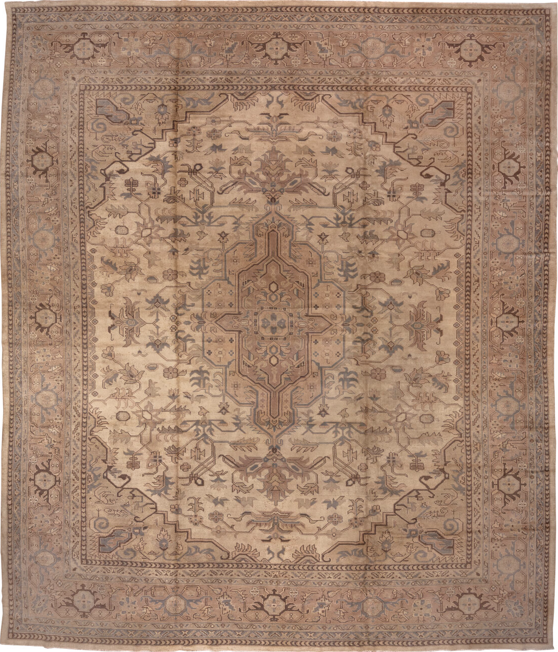 14' x 17' one-of-a-kind handmade vintage Oushak oversize rug. Color palette: brown, gray, off-white, orange, pink