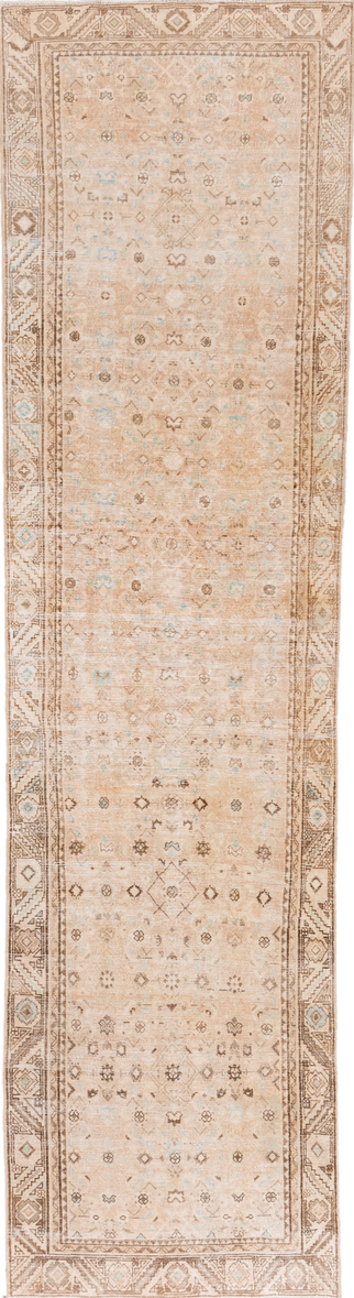 3' x 12' one-of-a-kind handmade vintage Malayer runner rug. Color palette: brown, gray, light gray, off-white, orange, pink