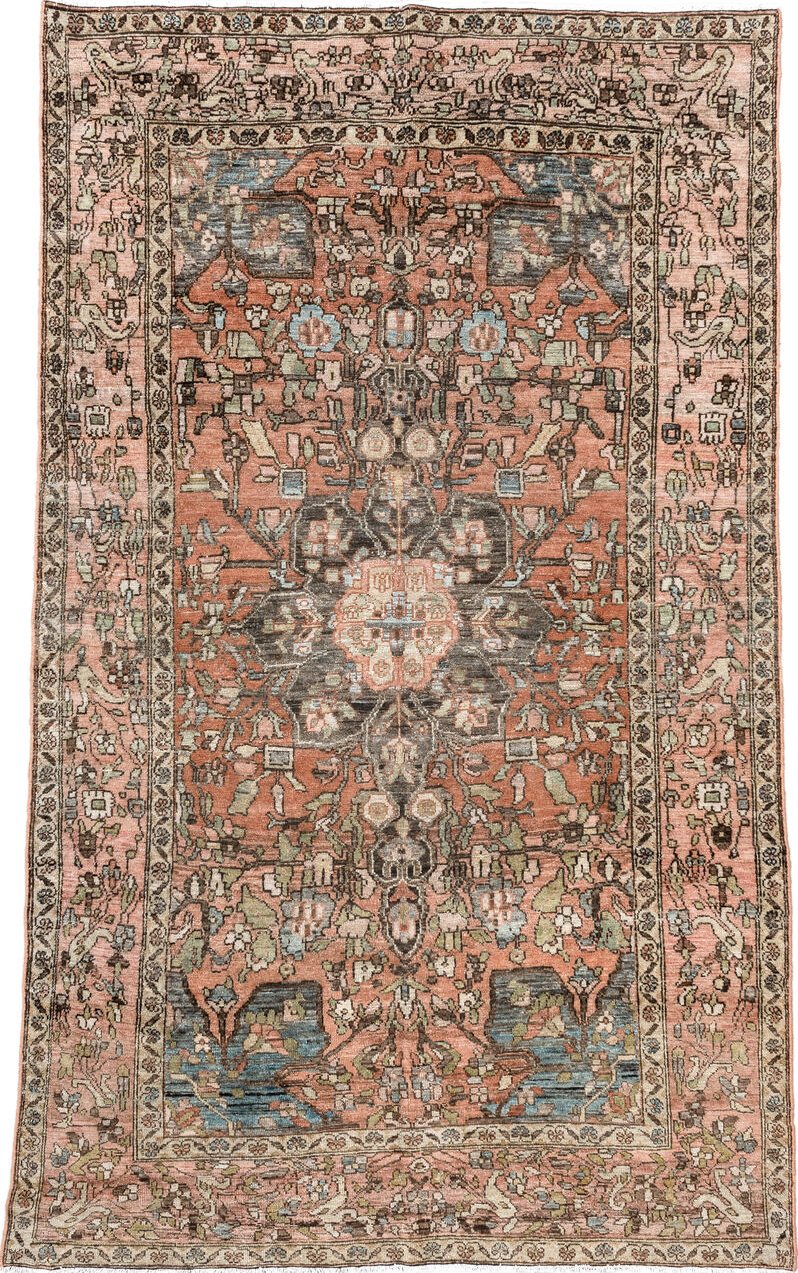 4' x 6' one-of-a-kind handmade vintage Baktiary small size rug. Color palette: gray, pink, brown, black, off-white, orange
