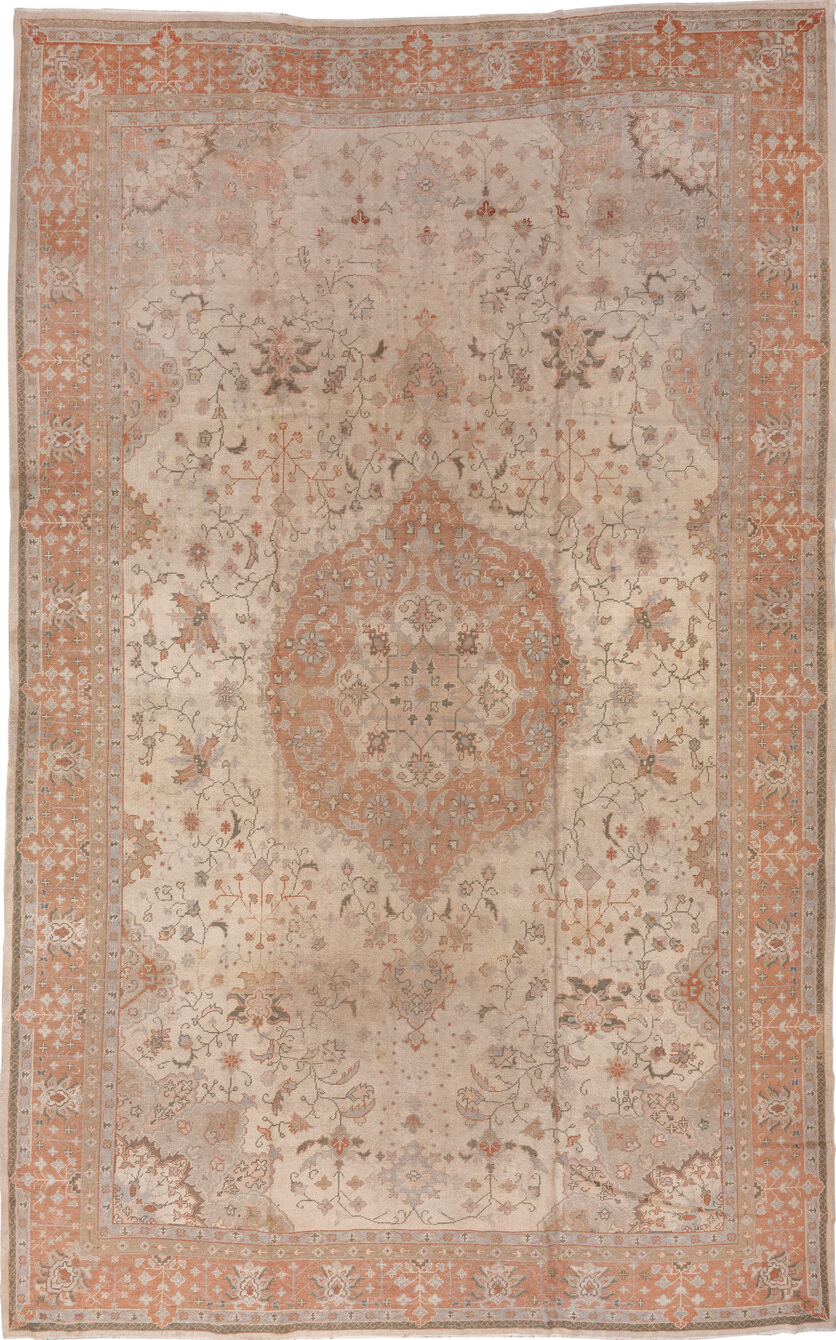 13' x 20' one-of-a-kind handmade vintage Oushak oversize rug. Color palette: brown, gray, light gray, off-white, orange