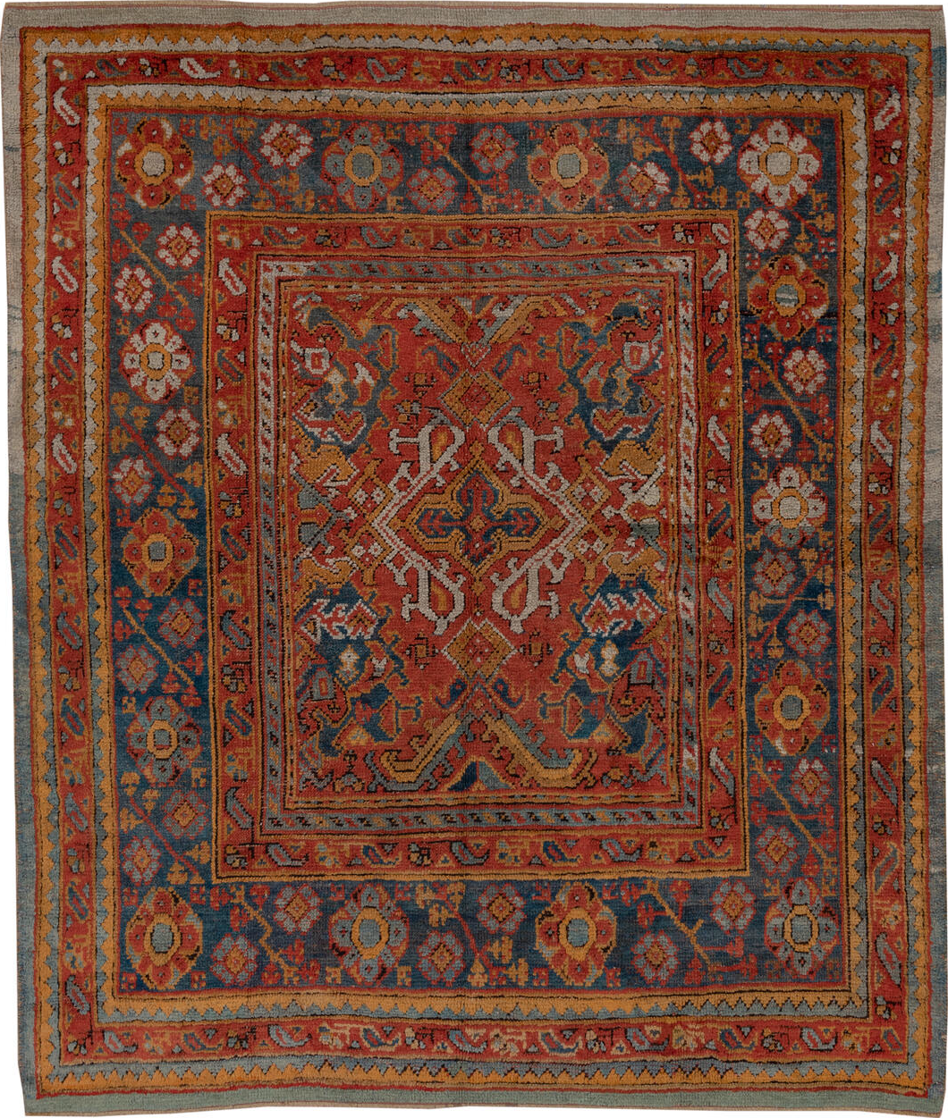 7' x 8' one-of-a-kind handmade vintage Oushak rug. Color palette: black, blue, brown, dim gray, gray