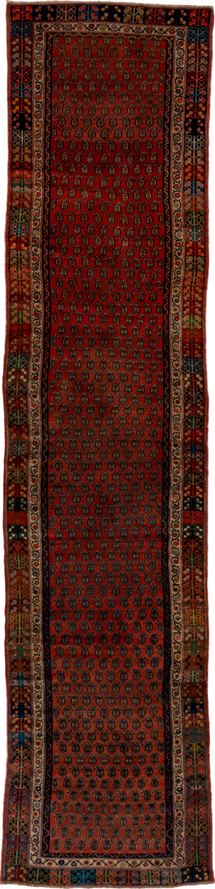 3' x 13' one-of-a-kind handmade vintage Malayer runner rug. Color palette: black, brown, gray, pink, red