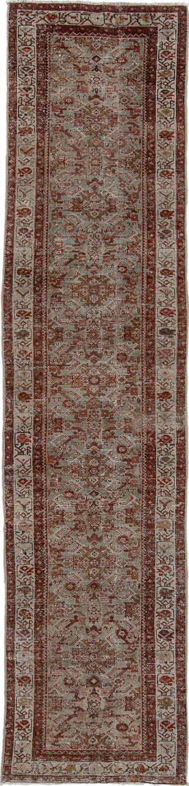 3' x 10' one-of-a-kind handmade vintage Malayer runner rug. Color palette: brown, gainsboro, gray, light gray, off-white