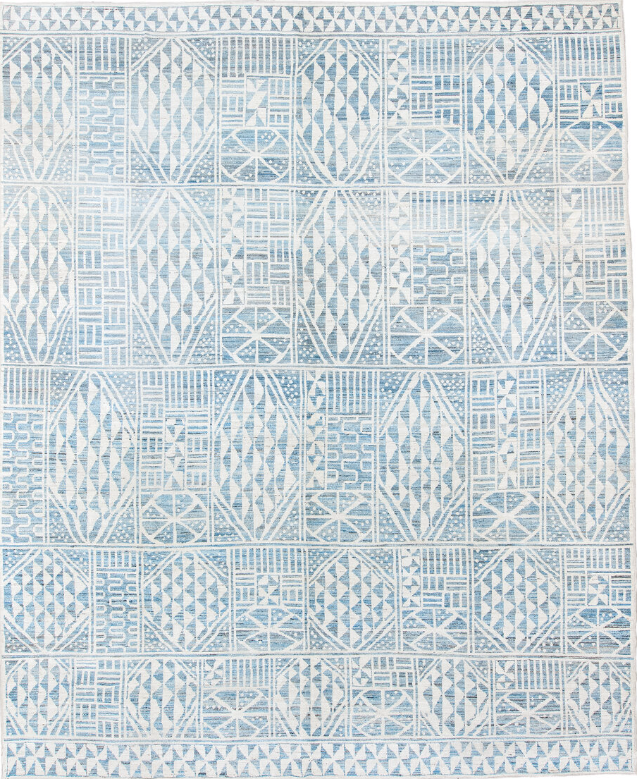 12' x 14' one-of-a-kind handmade vintage Tulu oversize rug. Color palette: blue, dim gray, gainsboro, gray, light blue