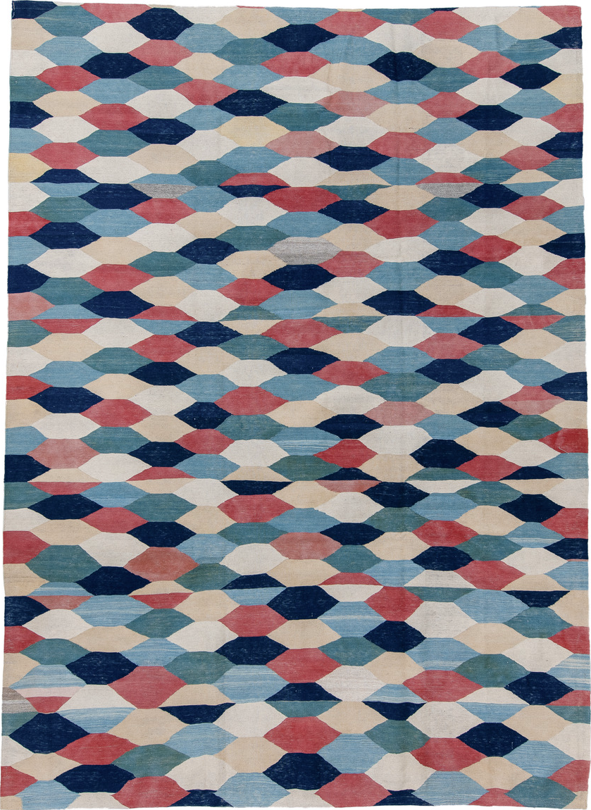 10' x 14' one-of-a-kind handmade vintage Kilim large size rug. Color palette: arapawa, blue, brown, dark gray, gray