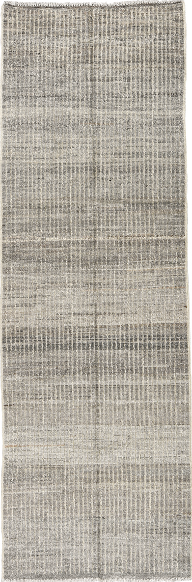 3' x 9' one-of-a-kind handmade vintage Tulu runner rug. Color palette: gray, light gray, off-white, silver