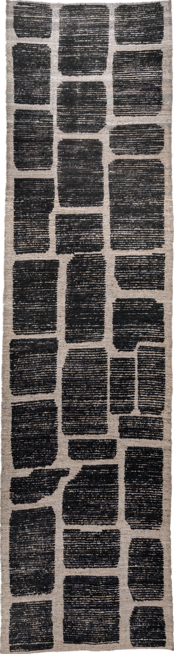 3' x 12' one-of-a-kind handmade vintage Tulu runner rug. Color palette: gray, light gray, off-white, pink, blue, black