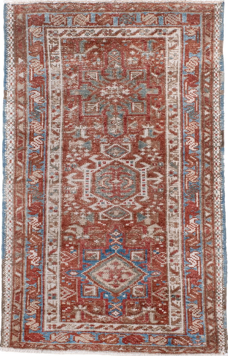 2' x 3' one-of-a-kind handmade vintage Karaje small size rug. Color palette: arapawa, blue, brown, dark gray, fiord