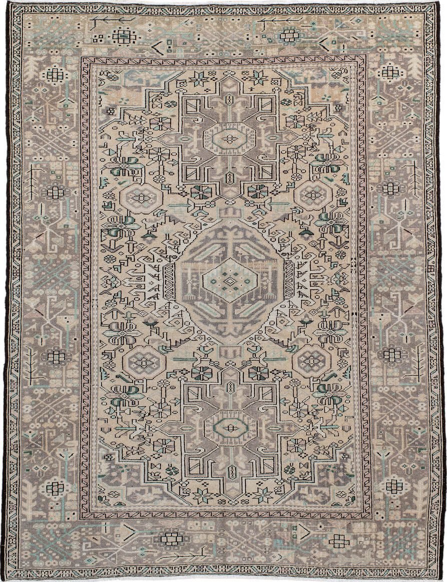 5' x 6' one-of-a-kind handmade vintage Karaje rug. Color palette: black, blue, brown, gainsboro, gray, light gray, off-white