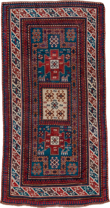 3' x 6' one-of-a-kind handmade vintage Kazak runner rug. Color palette: arapawa, blue, brown, gray, light gray, pink, red