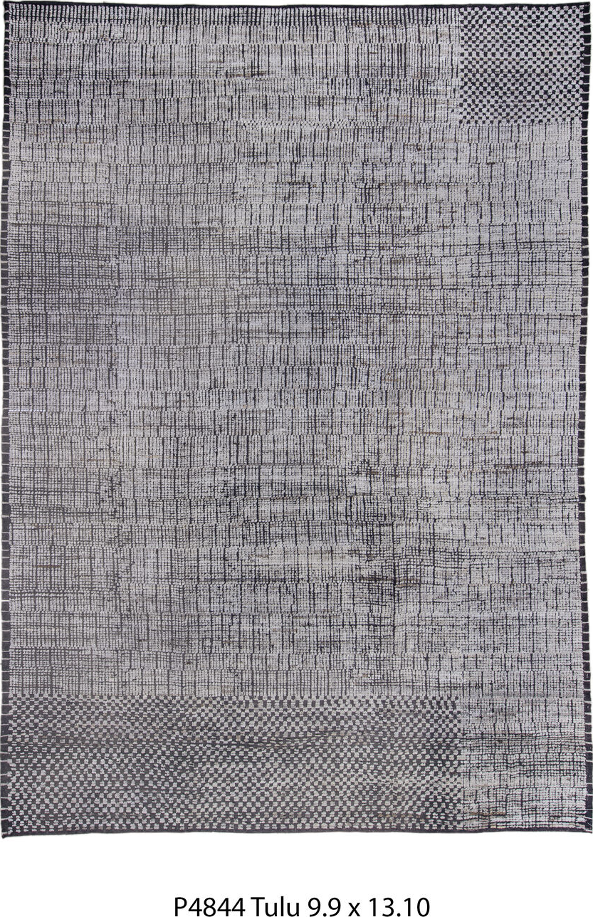 9' x 13' one-of-a-kind handmade vintage Tulu large size rug. Color palette: black, blue, charcoal, dark gray, dim gray, gray