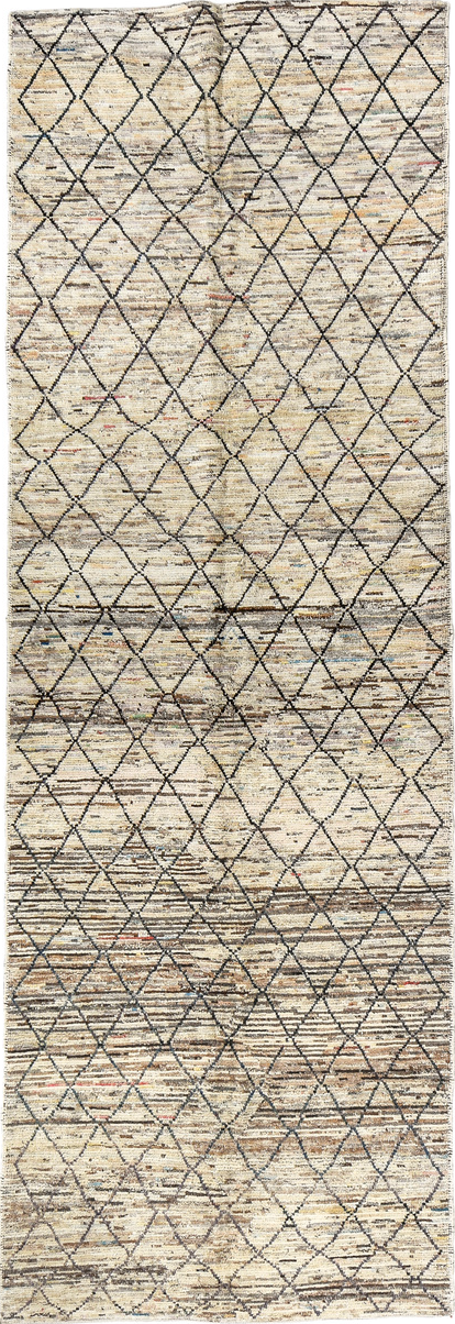 3' x 10' one-of-a-kind handmade vintage Tulu runner rug. Color palette: black, blue, brown, fiord, gray, light gray