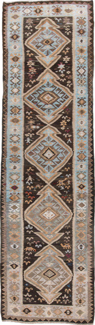 4' x 14' one-of-a-kind handmade vintage Kilim runner rug. Color palette: red, brown, gray, light gray, off-white, pink