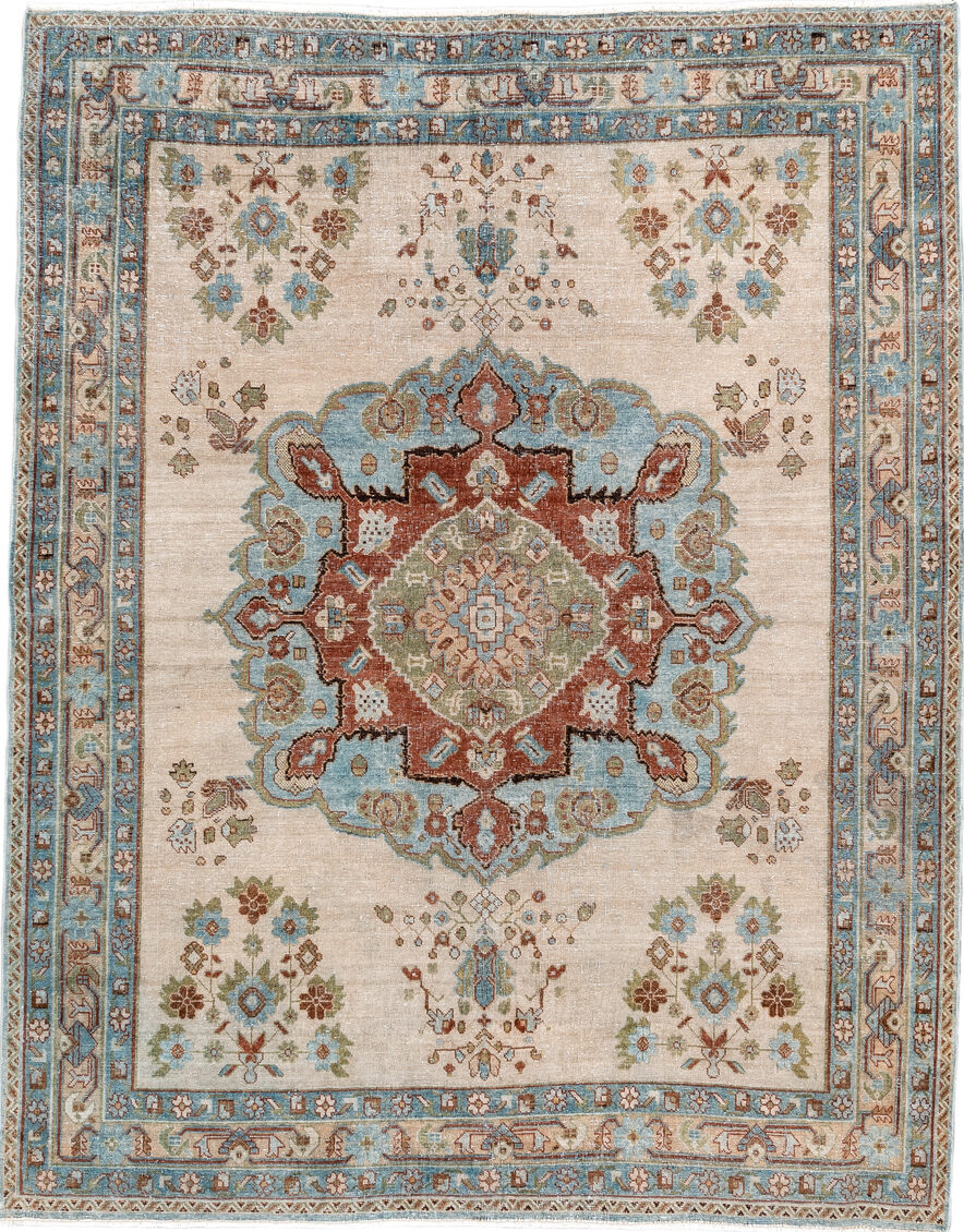 4' x 5' one-of-a-kind handmade vintage Afshar small size rug. Color palette: pink, brown, off-white, light gray, gray, blue