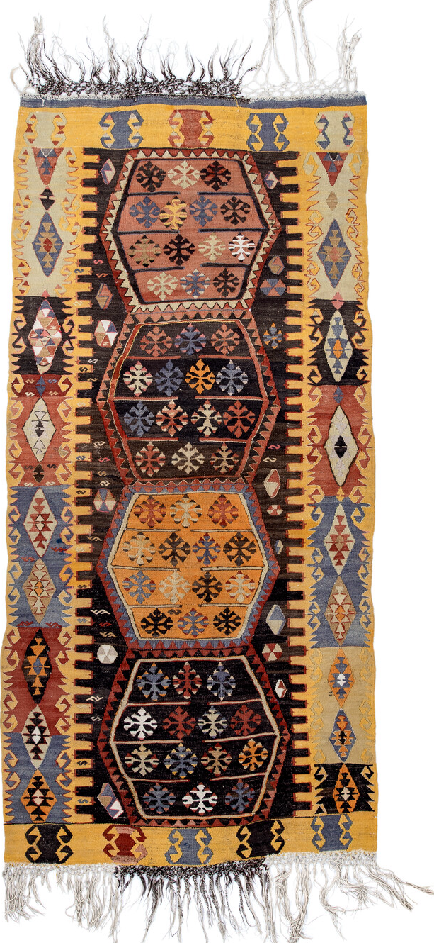 3' x 7' one-of-a-kind handmade vintage Kilim runner rug. Color palette: black, blue, brown, charcoal, gray, light gray