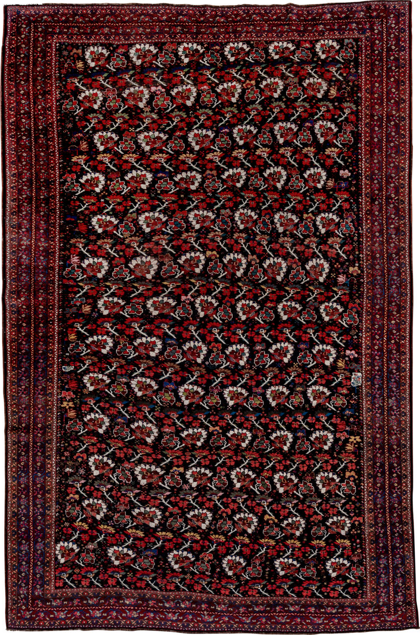 8' x 12' one-of-a-kind handmade vintage Shiraz large size rug. Color palette: black, brown, gray, pink, red