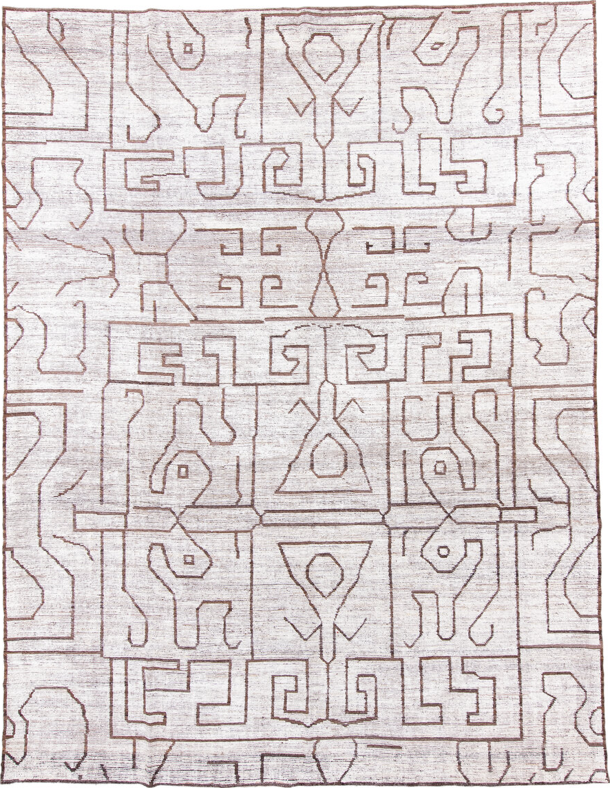 9' x 12' one-of-a-kind handmade vintage Tulu large size rug. Color palette: brown, dark gray, dim gray, gainsboro, gray