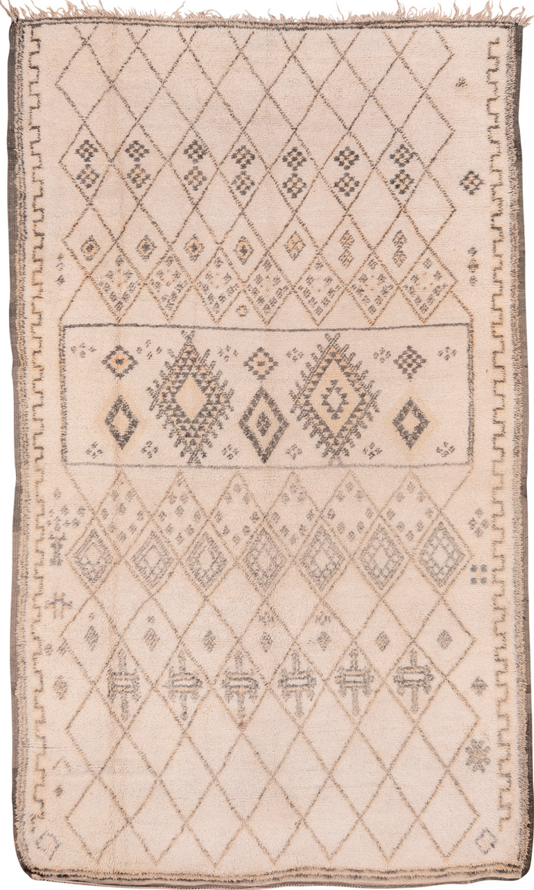 6' x 11' one-of-a-kind handmade vintage Moroccan large size rug. Color palette: brown, gray, light gray, off-white, orange